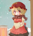  1girl @_@ aki_minoriko apron arinu bangs black_skirt blonde_hair blush breasts brown_scarf cold hair_between_eyes hat heater highres large_breasts long_sleeves mob_cap open_mouth red_apron red_eyes red_headwear scarf shirt short_hair skirt solo touhou wide_sleeves yellow_shirt 