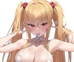  1girl blonde_hair blush bow bowtie bra breasts collarbone condom condom_in_mouth cropped hair_between_eyes hair_ornament hand_in_own_hair highres k_pring large_breasts mouth_hold original red_eyes twintails underwear upper_body white_bow white_bowtie white_bra 
