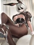  1girl animal_ears black_blindfold black_hairband black_nails blindfold breasts brown_pantyhose corset fake_animal_ears frills hairband high_heels highres lace_trim large_breasts nier_(series) nier_automata pantyhose parted_lips rabbit_ears salmon88 short_hair shrug_(clothing) sitting solo thighs underboob white_hair yorha_no._2_type_b 