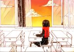  1girl black_hair black_serafuku black_skirt chair classroom cloud commentary desk dusk enpera facing_away fringe_trim from_behind gradient_sky indoors kagerou_project long_sleeves mekakucity_actors on_chair open_window orange_sky pleated_skirt red_scarf red_sky scarf school_desk school_uniform serafuku sitting skirt sky solo tateyama_ayano transparent_curtains twilight uko_(634829125) wide_shot window yellow_sky 