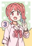  1girl :d blue_hair blush_stickers bow bowtie bracelet commentary_request dot_nose gyaru hand_up hozuki_kaede jewelry light_blue_hair long_hair middle_w multicolored_hair necklace nekotoufu official_art onii-chan_wa_oshimai! open_mouth partial_commentary pink_eyes pink_hair red_bow red_bowtie shirt side_ponytail sleeves_rolled_up smile solo spoken_number two-tone_hair upper_body w white_shirt wing_collar 