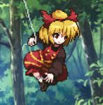  1girl blonde_hair bow brown_bow brown_dress brown_eyes commentary_request dress forest hair_bow hopeless_masquerade kurodani_yamame long_sleeves lowres nature outdoors pixel_art samezuma_jouji short_hair silk solo spider_web touhou tree 
