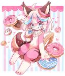  1girl ahoge animal_ears animal_feet animal_hands animal_nose bangs blue_eyes blue_hair body_fur border brown_fur brown_scrunchie churro claws closed_mouth commentary_request commission doughnut doughnut_hair_ornament drop_shadow feet flat_chest food food-themed_hair_ornament fox_ears fox_girl fox_tail fur_collar furry furry_female hair_ornament hand_up happy heart highres legs licking_lips looking_at_viewer medium_hair multicolored_background multicolored_fur multicolored_hair navel okamori_kuo original outline outside_border pawpads pink_fur pink_hair scrunchie sidelocks skeb_commission smile solo sprinkles stomach streaked_hair striped striped_background striped_fur tail thick_thighs thighs tongue tongue_out white_border white_fur white_hair white_outline wrist_scrunchie 