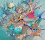  1girl absurdres autumn_leaves blue_butterfly bug butterfly chinese_clothes dragon_girl dragon_horns dress fish floating full_body ginkgo_leaf green_eyes grey_hair highres holding horns leaf long_hair luo_tianyi muyihui purple_ribbon ribbon solo wide-eyed 