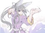  1girl animal_ears black_hair chinese_clothes chop dress fighting_stance fox_ears fox_girl kitsunegasaki_tametsugu_(tenka_hyakken) kurukuru_(p!) long_hair looking_away parted_lips ponytail purple_dress sash serious sidelocks standing tenka_hyakken white_sash yellow_eyes 