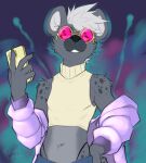  2022 anthro cellphone claws clothing cristyfur crop_top dated eyewear fangs fur girly glasses grey_body grey_fur hair hand_on_hip hi_res hyena jacket kapri looking_at_viewer male mammal phone shirt slim small_waist solo spots spotted_hyena standing teeth thong topwear underwear white_hair 