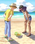  1boy 1girl baseball_cap beach blonde_hair blue_sky dark-skinned_female dark_skin denim denim_shorts dexio_(pokemon) effie_lealand green_footwear hands_on_hips hat highres looking_at_another looking_down mega_ring ocean pokemon pokemon_(creature) pokemon_(game) pokemon_sm purple_hair sandals shirt shorts sina_(pokemon) sky smile standing sunglasses sweat yellow_shirt zygarde zygarde_core 