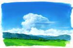 blue_sky border cloud cumulonimbus_cloud day grass highres original outdoors painting_(medium) sawitou_mizuki scenery sky traditional_media white_border 