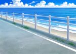  beach blue_sky day fence grass highres horizon no_humans original outdoors painting_(medium) road sawitou_mizuki sky traditional_media 