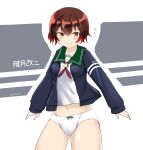  1girl arms_at_sides black_jacket breasts brown_hair character_name commentary_request cowboy_shot crescent crescent_pin gradient_hair green_sailor_collar highres jacket kantai_collection medium_breasts minoa_11touhei multicolored_hair mutsuki_(kancolle) mutsuki_kai_ni_(kancolle) neckerchief no_pants one-hour_drawing_challenge panties red_hair red_neckerchief sailor_collar school_uniform serafuku short_hair solo underwear white_panties 