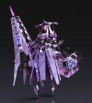  1girl absurdres armor black_background cyborg full_body gradient_background highres holding holding_weapon horns lance looking_at_viewer mul0727mul original piston polearm purple_eyes reflection science_fiction see-through solo standing weapon white_hair 