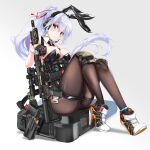  1girl animal_ears bare_shoulders black_hair breasts detached_collar fake_animal_ears fatkewell gun hand_up headset high_heels highres holstered_weapon long_hair looking_at_viewer necktie original pantyhose playboy_bunny ponytail purple_eyes rabbit_ears sitting smile solo thigh_strap weapon white_hair wrist_cuffs 