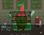  anthro apron apron_only big_breasts breasts cleavage clothed clothing coffee_machine container cup dating_sim detailed detailed_background dialogue english_text eyes_closed female first_person_view hi_res holding_object i_mean_breast_milk melon_(skwmt4) meme mostly_nude pen python reptile scalie sink skwmt4 smile smiling_at_viewer snake solo spades text wide_hips 