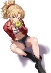  1girl absurdres apple bandeau bangs belt blonde_hair blue_shorts boots braid breasts crop_top cutoffs denim denim_shorts fate/apocrypha fate/grand_order fate_(series) food french_braid fruit green_eyes grin highres jacket jewelry kuza_brs long_hair long_sleeves looking_at_viewer midriff mordred_(fate) mordred_(fate/apocrypha) mordred_(memories_at_trifas)_(fate) navel necklace open_clothes open_jacket open_mouth parted_bangs ponytail red_jacket short_shorts shorts sidelocks sitting small_breasts smile solo 