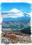  border highres mount_fuji no_humans original outdoors painting_(medium) rock sawitou_mizuki scenery traditional_media white_border 