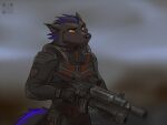  2023 5_fingers anthro black_nose canid canine clothed clothing digital_media_(artwork) fingers gun holding_gun holding_object holding_weapon koul male mammal orange_eyes ranged_weapon weapon 