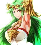  1girl armlet armpits bangs bare_shoulders breasts chiton cleavage collarbone dress forehead_jewel gold green_eyes green_hair highres jewelry kid_icarus kid_icarus_uprising large_breasts laurel_crown long_hair palutena parted_bangs pendant pendant_choker strapless strapless_dress to_(tototo_tk) vambraces very_long_hair white_dress 