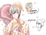  1boy chibi grey_eyes grey_hair hat highres male_focus multicolored_clothes multicolored_hair multicolored_pajamas nox_(yume-100) pajamas short_hair solo user_fcpd7845 white_background white_hair white_pajamas yellow_pajamas yume_oukoku_to_nemureru_100-nin_no_ouji-sama 