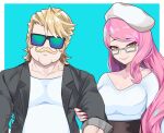  1boy 1girl blonde_hair facial_hair fate/grand_order fate_(series) glasses goredolf_musik jaheterbang koyanskaya_(fate) long_hair mustache nail_polish pink_hair sunglasses tamamo_(fate) yellow_eyes 