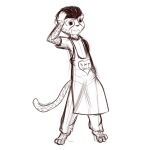  1:1 2014 3_toes anthro apron barefoot biped bottomwear clothing digital_drawing_(artwork) digital_media_(artwork) feet felid feline_tail full-length_portrait guide_lines hand_on_hair hand_on_head hand_on_hip hi_res leopard leopard_spots long_tail looking_offscreen ludis-luteo male mammal markings monochrome open_mouth pantherine pants portrait shirt short_sleeves simple_background sketch smile solo spots spotted_markings spotted_tail standing tail tail_markings teeth thin_tail three-quarter_view toes topwear white_background 