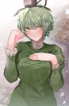  1girl absurdres bangs breasts dress green_dress green_eyes green_hair hair_between_eyes hand_on_own_chest hands_up hat highres jewelry large_breasts long_sleeves looking_at_viewer ring short_hair soga_no_tojiko solo takana_(forsterite) tate_eboshi touhou 