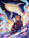  1boy aged_down blue_eyes boots brown_footwear buckle coat fishing genshin_impact hair_between_eyes highres long_sleeves looking_up male_child male_focus orange_hair parted_lips red_scarf say0ranarts scarf sitting star_(sky) tartaglia_(genshin_impact) whale 