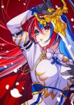  1girl alear_(female)_(fire_emblem) alear_(fire_emblem) armor bangs blue_eyes blue_hair breasts crossed_bangs fire_emblem fire_emblem_engage gloves heterochromia highres holding holding_sword holding_weapon ichino_tomizuki jewelry liberation_(fire_emblem) long_hair medium_breasts multicolored_hair red_eyes red_hair solo split-color_hair sword tiara two-tone_hair very_long_hair weapon 