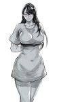  1girl arms_behind_back bangs breasts closed_mouth collarbone glasses grey_background greyscale highres kamishiro_rize large_breasts long_hair looking_at_viewer monochrome shirt short_sleeves simple_background smile solo tagme tokyo_ghoul yourfreakyneighbourh 