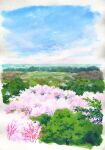  blue_sky cherry_blossoms day forest highres nature original outdoors painting_(medium) sawitou_mizuki scenery sky traditional_media 