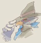  1boy beak bird_boy bird_wings blue_scarf blue_wings closed_mouth feathered_wings from_side furry furry_male green_eyes grey_headwear hand_on_headwear hand_up hat male_focus multicolored_wings revali scarf simple_background smile solo the_legend_of_zelda the_legend_of_zelda:_breath_of_the_wild two-tone_wings ukata upper_body white_background white_wings wings 