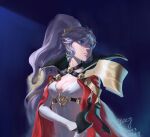  1girl absurdres armor artist_name blue_background breasts bridal_gauntlets cape choker cleavage criss-cross_halter cross cross_choker dress earrings elbow_gloves fire_emblem fire_emblem:_genealogy_of_the_holy_war fire_emblem_heroes gloves halterneck highres ishtar_(fire_emblem) jewelry large_breasts light_purple_hair looking_away looking_to_the_side official_alternate_costume purple_eyes red_cape shoulder_armor signature simple_background solo upper_body white_dress white_gloves yeeej 