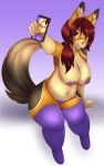  absurd_res big_breasts big_ears breasts brown_body brown_fur camera canid canine canis clothing female fur hair hi_res jackal legwear lingerie long_tail looking_at_viewer looking_up mammal nipples nude phone purple_clothing selfie simple_background sitting smile solo tail thick_thighs thigh_highs 
