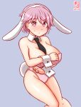  1girl animal_ears bare_legs between_breasts blush breasts collarbone covered_navel cowboy_shot detached_collar embarrassed fake_tail giuseppe_garibaldi_(kancolle) gradient_background grey_background kanon_(kurogane_knights) kantai_collection large_breasts leotard one-hour_drawing_challenge pink_eyes pink_hair pink_leotard playboy_bunny rabbit_ears rabbit_tail short_hair solo strapless strapless_leotard sweatdrop tail wrist_cuffs 
