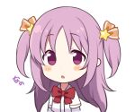  1girl :o bangs blush bow bowtie chibi fujishiro_emyu hair_ornament hair_ribbon looking_at_viewer magia_record:_mahou_shoujo_madoka_magica_gaiden mahou_shoujo_madoka_magica medium_hair misono_karin open_mouth orange_ribbon parted_bangs purple_eyes purple_hair red_bow red_bowtie ribbon sakae_general_school_uniform school_uniform shirt simple_background solo star_(symbol) star_hair_ornament two_side_up upper_body white_background white_shirt 