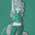  1:1 anthro blue_eyes canid canine canis clothed clothing digital_media_(artwork) fur fuzzy green_clothing grey_body hair hand_above_head hi_res lonelywolfyboi lonelywolfyboi_(character) long_hair looking_at_viewer male mammal shaded simple_background solo teeth wolf 