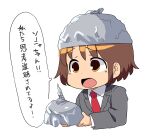  brown_hair fuka_(kantoku) hat highres kill_me_baby necktie open_mouth oribe_yasuna scene_reference school_uniform speech_bubble the_amazing_world_of_gumball tinfoil_hat 