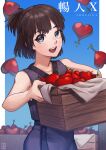  1girl absurdres apple brown_hair choujin_x copyright_name crate food fruit grey_robe highres ikahueki looking_at_viewer open_mouth otta_ely_(choujin_x) robe short_hair short_twintails smile solo twintails 
