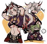  ... 2girls absurdres arataki_itto arms_up black_mask black_nails body_markings bracelet breast_rest breasts breasts_on_head genderswap genderswap_(mtf) genshin_impact gloves green_hair highres horns iistach jacket jewelry kuki_shinobu laughing long_hair mask mouth_mask multicolored_hair multiple_girls multiple_views navel ninja_mask oni oni_horns open_mouth pants partially_fingerless_gloves ponytail purple_jacket red_eyes sitting spiked_bracelet spikes spoken_ellipsis toned two-tone_hair 