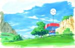  blue_sky day grass highres no_humans outdoors painting_(medium) pokemon pokemon_(game) pokemon_sv sawitou_mizuki sky traditional_media tree 