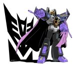  absurdres arm_cannon cape cosplay crown decepticon frown highres looking_at_viewer makoto_ono mecha no_humans open_hand purple_cape red_eyes robot science_fiction simple_background skywarp solo starscream starscream_(cosplay) transformers weapon white_background 