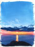  blue_sky border cloud cloudy_sky day highres horizon ocean original outdoors painting_(medium) sawitou_mizuki sky sunset traditional_media white_border 