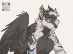  2023 anthro black_body black_fur blue_eyes digital_media_(artwork) feathered_wings feathers fur horn hybrid koul male simple_background solo white_background wings 