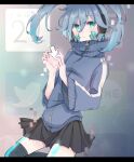  1girl arrow_(symbol) black_skirt black_thighhighs blue_eyes blue_jacket blue_nails closed_mouth collared_jacket ene_(kagerou_project) facial_mark fingernails grey_background hair_between_eyes headphones icon_(computing) jacket kagerou_project letterboxed light_frown long_sleeves mekakucity_actors pentagon_(shape) pleated_skirt popped_collar skirt solo strawberrya_mg thighhighs track_jacket twintails twitter_logo zipper 