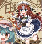  2girls alternate_costume apron blue_dress blue_eyes blue_hair blush braid commentary_request cup dress enmaided fang frilled_dress frills hair_ornament hat highres holding holding_tray hong_meiling maid maid_headdress multiple_girls one-hour_drawing_challenge open_mouth puffy_short_sleeves puffy_sleeves red_eyes remilia_scarlet short_sleeves skin_fang spilling star_(symbol) star_hair_ornament sweat touhou tray tripping twin_braids udoku_oekaki 