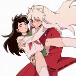  1boy 1girl animal_ears arms_around_neck bead_necklace beads black_hair brown_eyes carrying claws demon_boy dobpigg dog_boy dog_ears fang fang_out feet_out_of_frame fingernails green_sailor_collar green_skirt hair_between_eyes hakama highres higurashi_kagome inuyasha inuyasha_(character) japanese_clothes jewelry light_blush long_hair long_sleeves neckerchief necklace parted_lips pleated_skirt princess_carry red_hakama red_neckerchief red_shirt sailor_collar school_uniform serafuku sharp_fingernails shirt sidelocks skirt slit_pupils socks tooth_necklace white_background white_hair white_shirt white_socks wide_sleeves yellow_eyes 