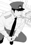  1boy bara blush collared_shirt drooling facial_hair from_above from_side goatee greyscale highres long_sideburns looking_to_the_side male_focus mature_male monochrome mouth_drool muscular muscular_male necktie nnn_nishi nose_blush original pants pectorals police police_uniform policeman shirt short_hair sideburns solo squatting unfinished uniform 
