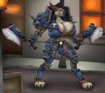  anthro armor big_breasts blizzard_entertainment breasts canid canine clothing dual_wielding dual_wielding_melee_weapons female furryrex_(artist) hi_res holding_object holding_weapon huge_breasts klementina mammal mane paws red_eyes solo spiked_armor spikes warcraft weapon were werecanid werecanine werewolf worgen 