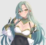  1girl aqua_hair armor bangs bare_shoulders braid breastplate breasts chloe_(fire_emblem) cleavage elbow_gloves fire_emblem fire_emblem_engage garter_straps gloves green_eyes large_breasts long_hair looking_at_viewer pegasus_knight_uniform_(fire_emblem) shoulder_armor side_braid single_braid skeptycally skin_tight smile solo very_long_hair white_gloves 