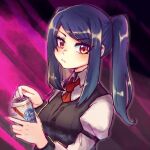  1girl alcohol beer beer_can black_vest blush breasts can collared_shirt english_commentary frown holding holding_can jill_stingray kataro long_hair long_sleeves looking_at_viewer necktie opening_can purple_hair red_eyes red_necktie shirt sidelocks solo twintails upper_body va-11_hall-a vest white_shirt 
