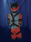  2018 abstract_background accessory anthro arms_tied ball_gag balls bdsm blindfold bondage bound circumcised cock_ring collar flaccid fuze gag generation_7_pokemon genitals harness hi_res humanoid_genitalia humanoid_penis incineroar jewelry leather leather_harness legs_tied male navel nintendo nude penis penis_accessory penis_jewelry pokemon pokemon_(species) solo suspension suspension_bondage 